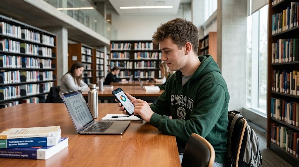 Étudiant consultant son application bancaire sur smartphone dans une bibliothèque universitaire