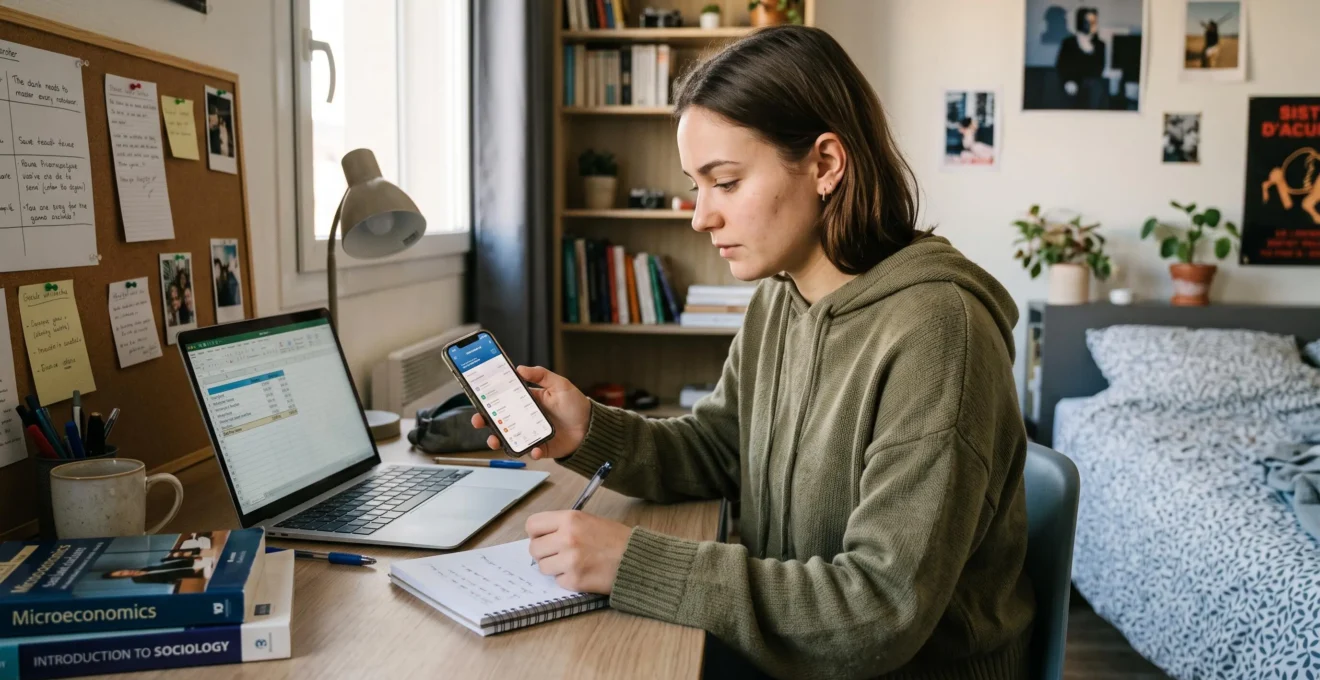 Étudiante gérant son budget sur smartphone et ordinateur portable à son bureau dans sa chambre étudiante