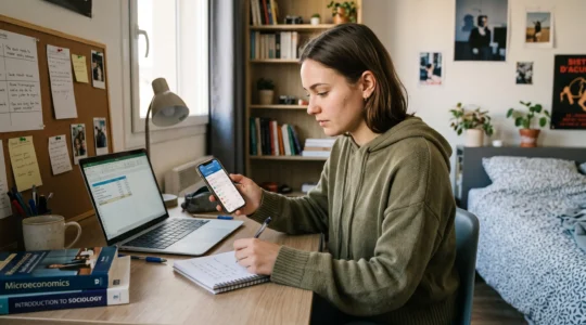 Étudiante gérant son budget sur smartphone et ordinateur portable à son bureau dans sa chambre étudiante